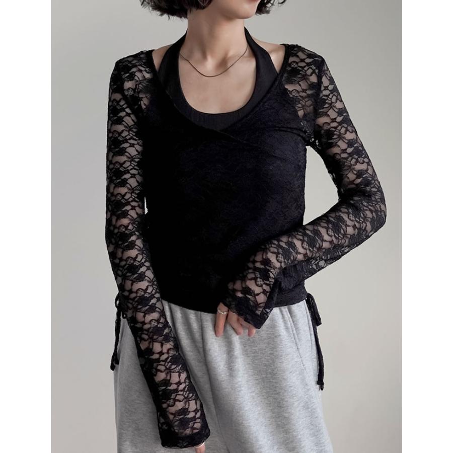 トップス 長袖 レース レディース  ２色 M/L カシュクール 総レース Vネック シアー リボン ギャザー 透け感 重ね着 2025秋冬[mb] | Re:EDIT | 13