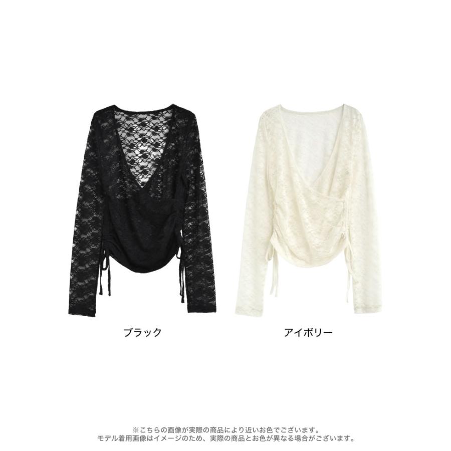 トップス 長袖 レース レディース  ２色 M/L カシュクール 総レース Vネック シアー リボン ギャザー 透け感 重ね着 2025秋冬[mb] | Re:EDIT | 19