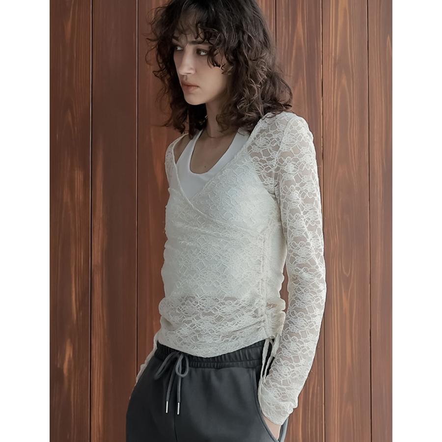 トップス 長袖 レース レディース  ２色 M/L カシュクール 総レース Vネック シアー リボン ギャザー 透け感 重ね着 2025秋冬[mb] | Re:EDIT | 03