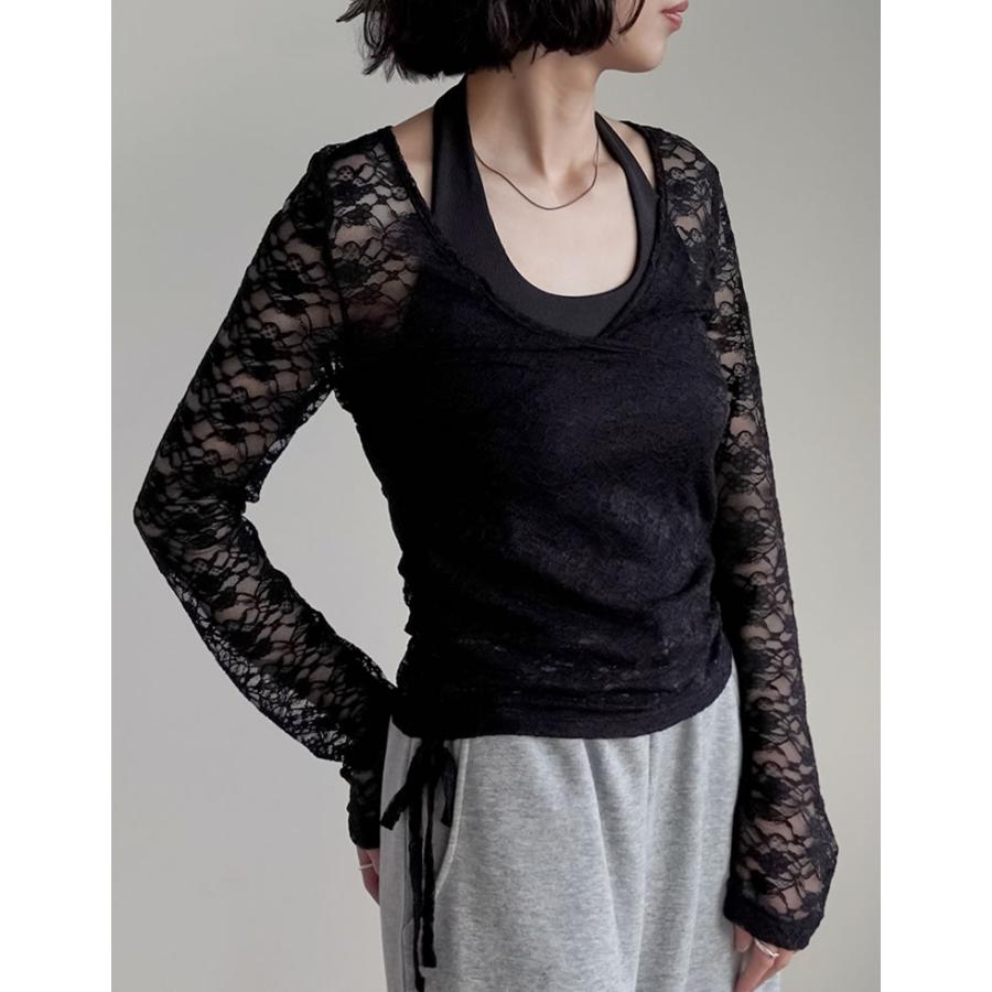 トップス 長袖 レース レディース  ２色 M/L カシュクール 総レース Vネック シアー リボン ギャザー 透け感 重ね着 2025秋冬[mb] | Re:EDIT | 04
