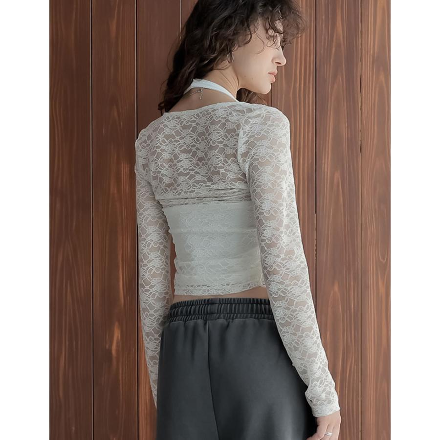 トップス 長袖 レース レディース  ２色 M/L カシュクール 総レース Vネック シアー リボン ギャザー 透け感 重ね着 2025秋冬[mb] | Re:EDIT | 08