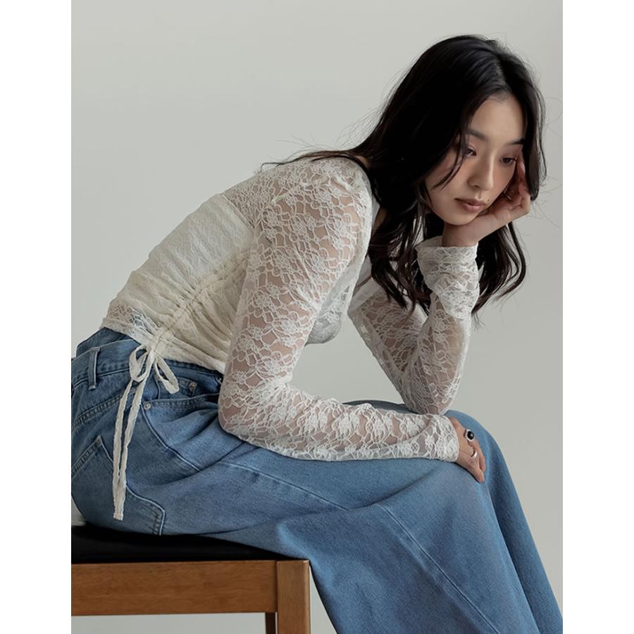 トップス 長袖 レース レディース  ２色 M/L カシュクール 総レース Vネック シアー リボン ギャザー 透け感 重ね着 2025秋冬[mb] | Re:EDIT | 09
