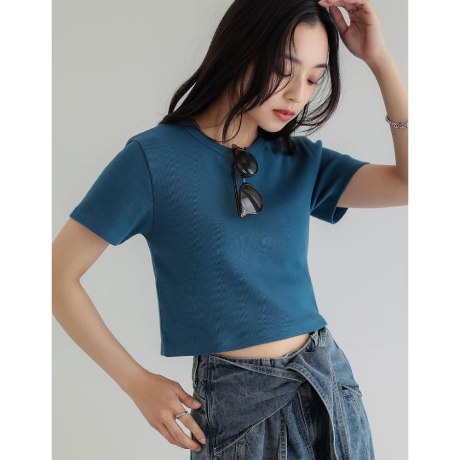 半袖 Tシャツ レディース トップス クロップド丈 カットソー ストレッチ コンパクト オフィスカジュアル 伸縮性 シンプル 新色追加 春夏[mb] | Re:EDIT | 15
