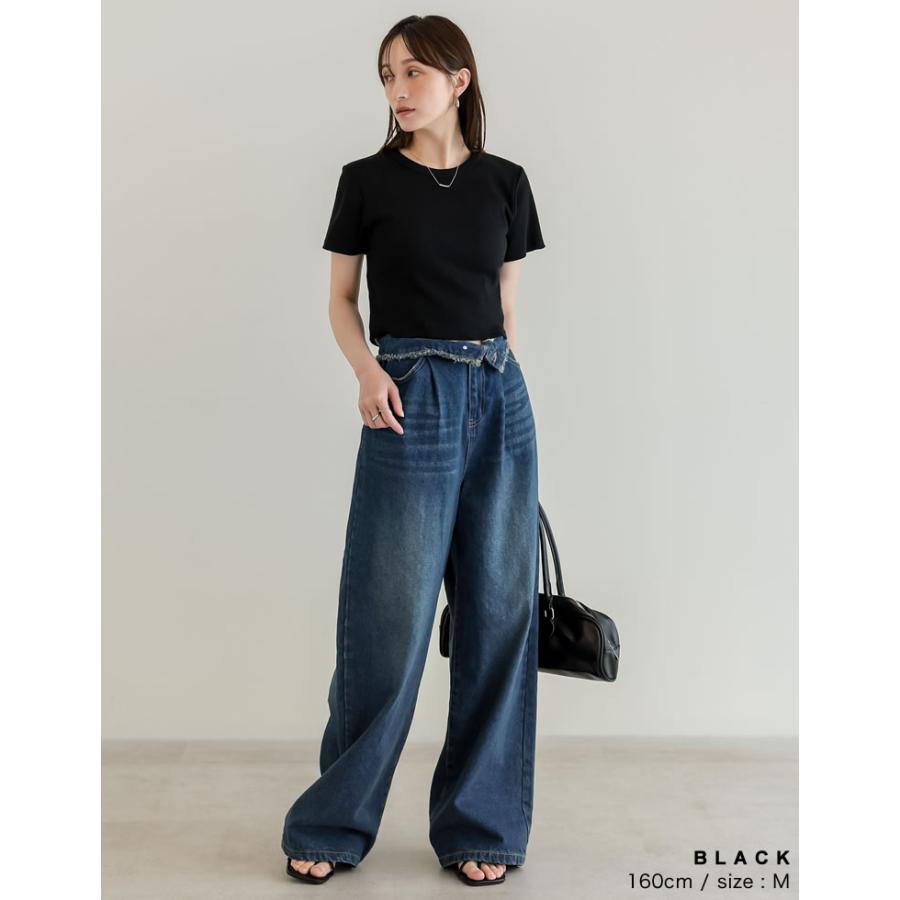半袖 Tシャツ レディース トップス クロップド丈 カットソー ストレッチ コンパクト オフィスカジュアル 伸縮性 シンプル 新色追加 春夏[mb] | Re:EDIT | 17