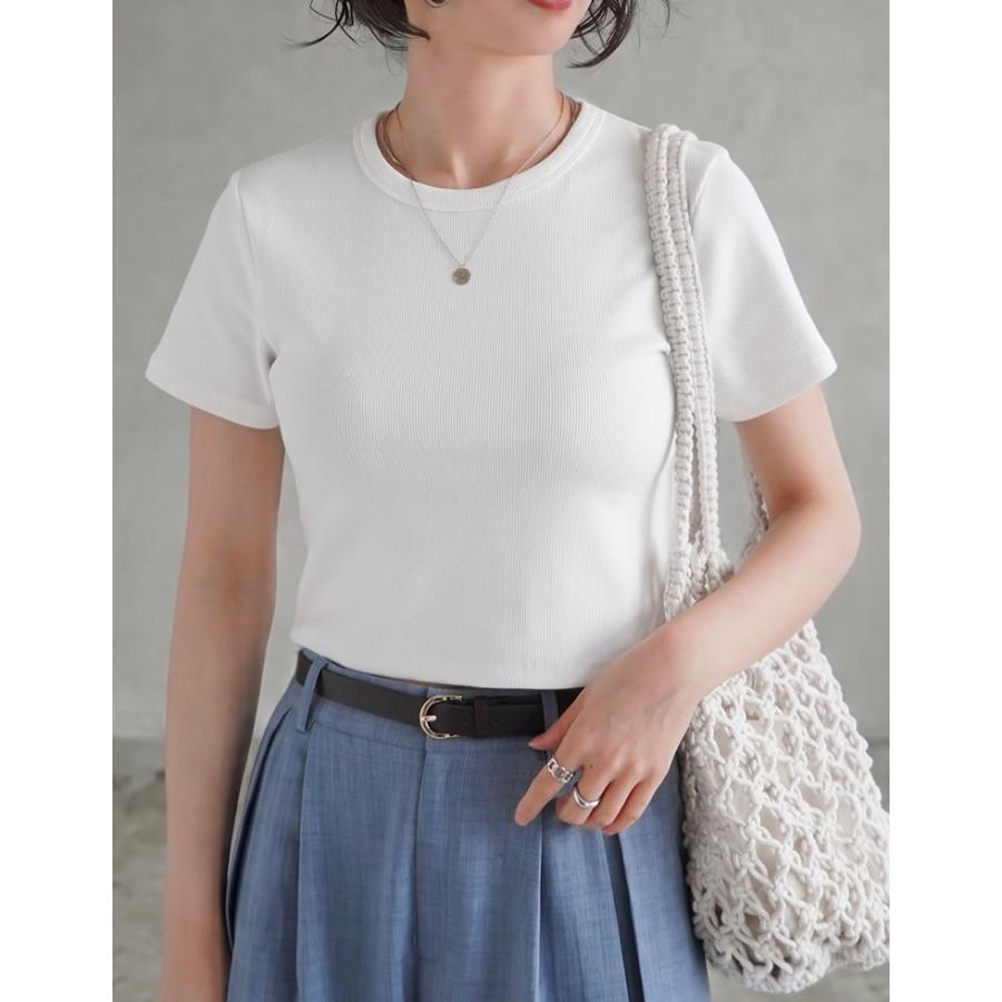 半袖 Tシャツ レディース トップス クロップド丈 カットソー ストレッチ コンパクト オフィスカジュアル 伸縮性 シンプル 新色追加 春夏[mb] | Re:EDIT | 19