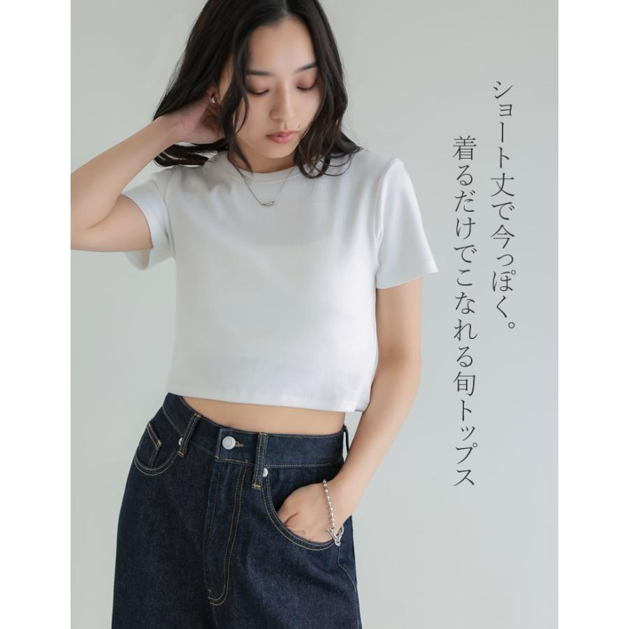 半袖 Tシャツ レディース トップス クロップド丈 カットソー ストレッチ コンパクト オフィスカジュアル 伸縮性 シンプル 新色追加 春夏[mb] | Re:EDIT | 06