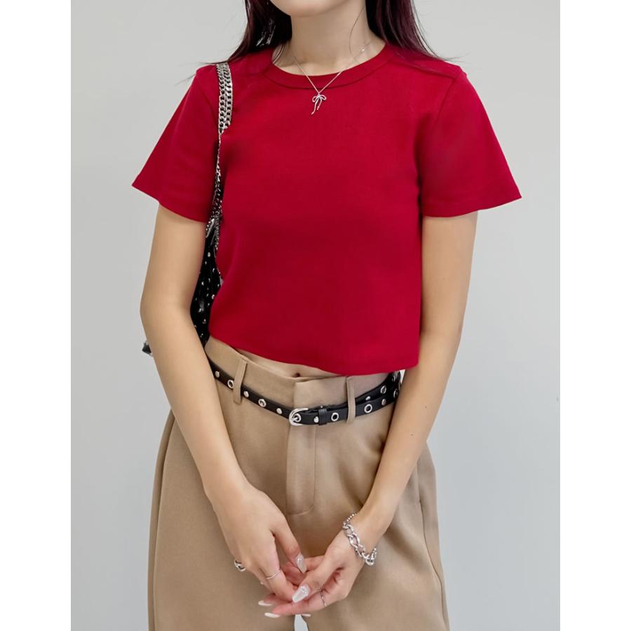 半袖 Tシャツ レディース トップス クロップド丈 カットソー ストレッチ コンパクト オフィスカジュアル 伸縮性 シンプル 新色追加 春夏[mb] | Re:EDIT | 09