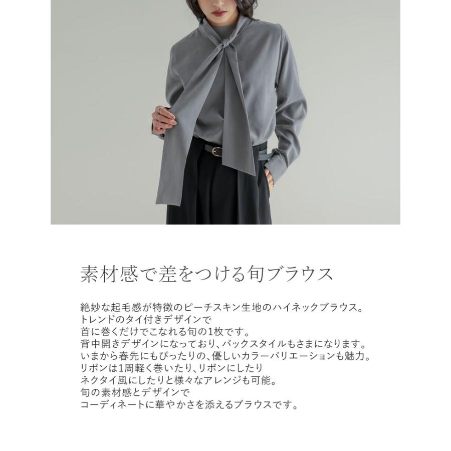 卒業式 母 服装 セレモニー トップス ブラウス 長袖 レディース 4色 M/L タイ付き リボン シャツ ハイネック ピーチスキン カラーシャツ 春カラー 春夏 | Re:EDIT | 09