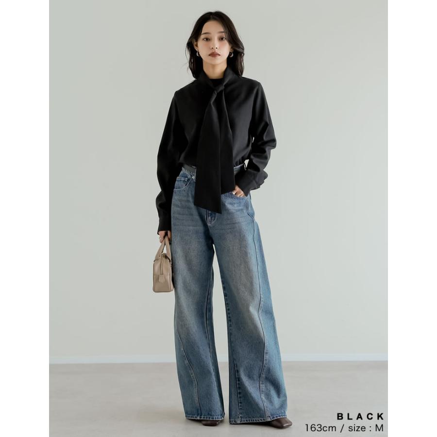 卒業式 母 服装 セレモニー トップス ブラウス 長袖 レディース 4色 M/L タイ付き リボン シャツ ハイネック ピーチスキン カラーシャツ 春カラー 春夏 | Re:EDIT | 10