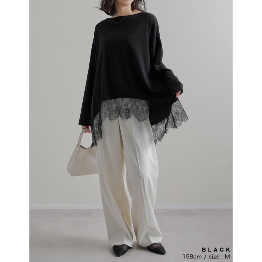トップス チュニック レディース 2色 M/L カットソー ロンT レースデザイン ボートネック 体型カバー オーバーサイズ 春夏 | Re:EDIT | 17
