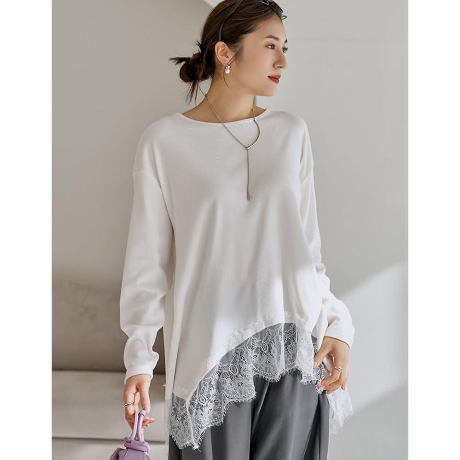 トップス チュニック レディース 2色 M/L カットソー ロンT レースデザイン ボートネック 体型カバー オーバーサイズ 春夏 | Re:EDIT | 04