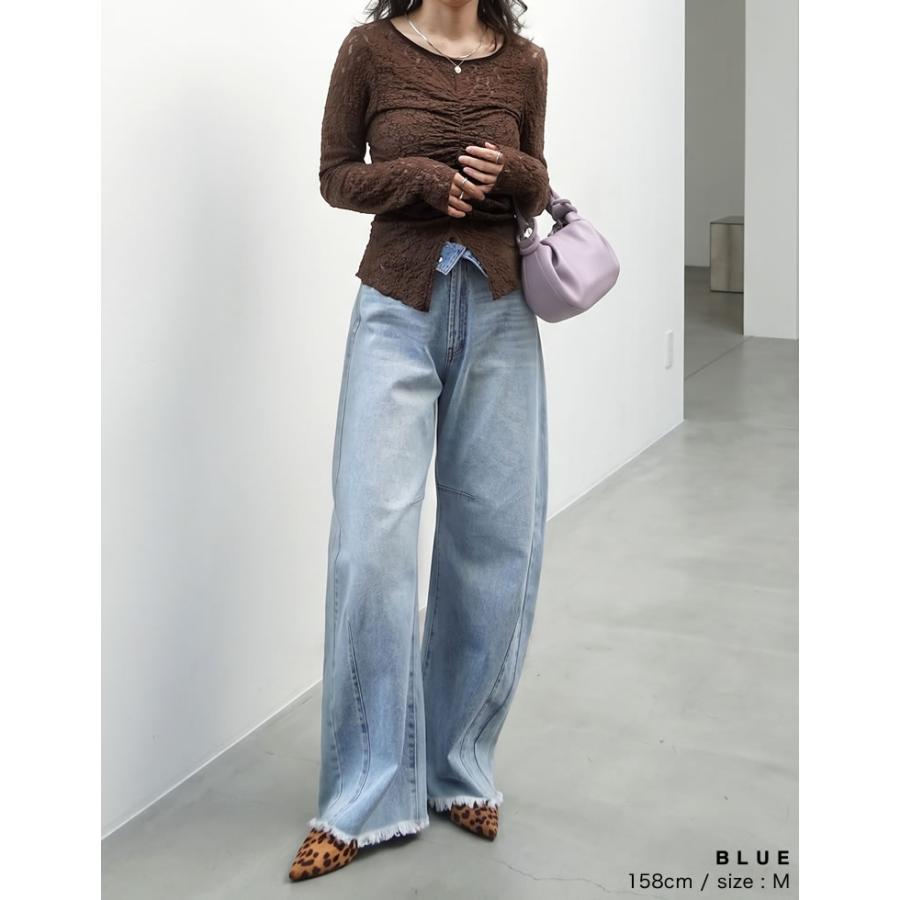 デニム レディース パンツ 低身長 高身長 ウエスト折り返し 綿100％ バレルレッグ カーブパンツ 体型カバー ポケットあり 2026春夏 | Re:EDIT | 12