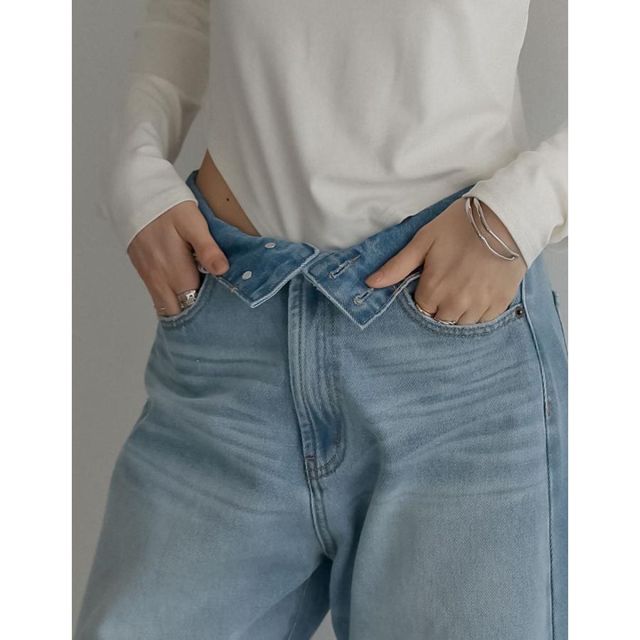 デニム レディース パンツ 低身長 高身長 ウエスト折り返し 綿100％ バレルレッグ カーブパンツ 体型カバー ポケットあり 2026春夏 | Re:EDIT | 13