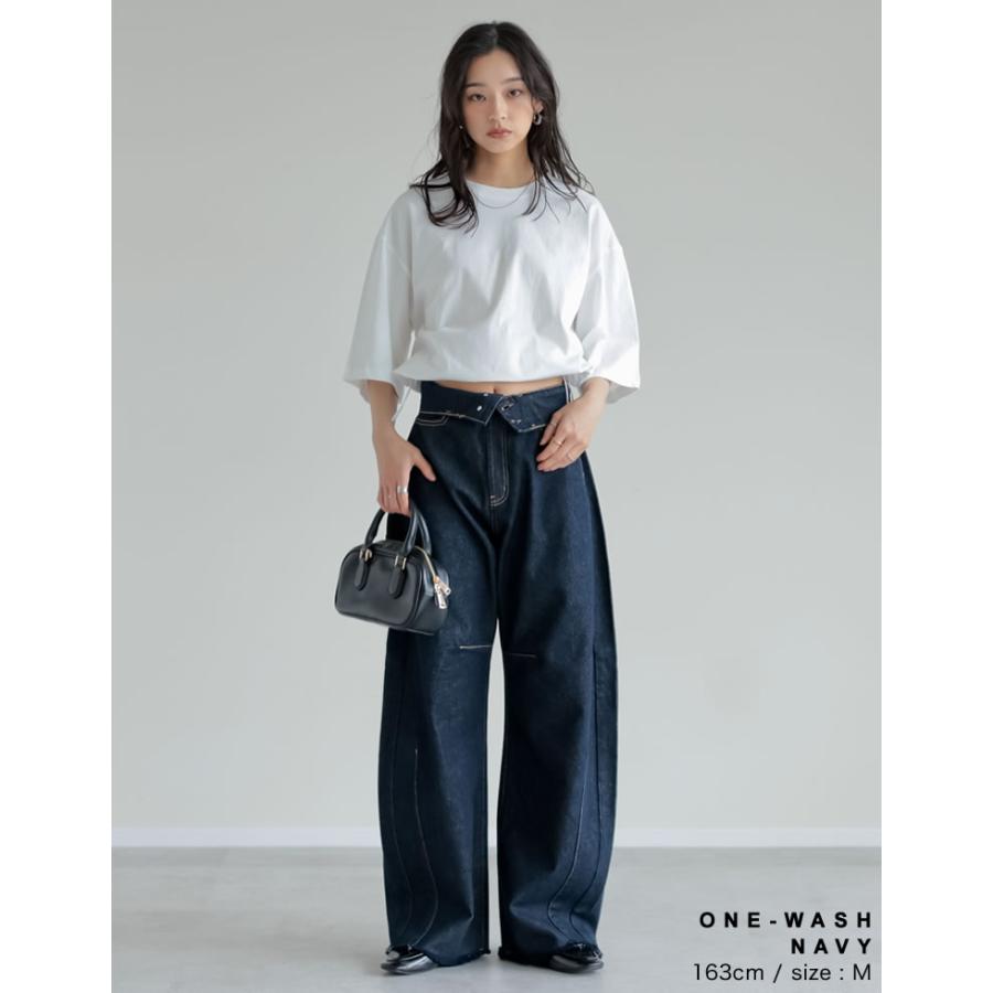 デニム レディース パンツ 低身長 高身長 ウエスト折り返し 綿100％ バレルレッグ カーブパンツ 体型カバー ポケットあり 2026春夏 | Re:EDIT | 15