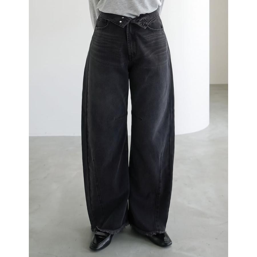 デニム レディース パンツ 低身長 高身長 ウエスト折り返し 綿100％ バレルレッグ カーブパンツ 体型カバー ポケットあり 2026春夏 | Re:EDIT | 01