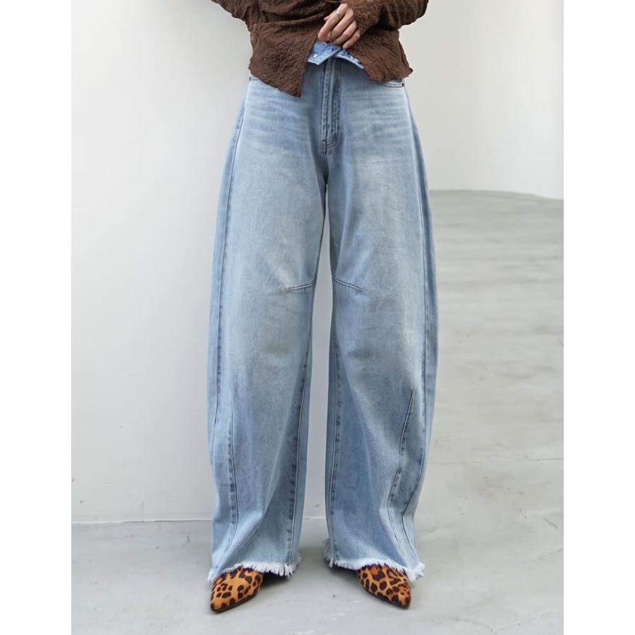 デニム レディース パンツ 低身長 高身長 ウエスト折り返し 綿100％ バレルレッグ カーブパンツ 体型カバー ポケットあり 2026春夏 | Re:EDIT | 02