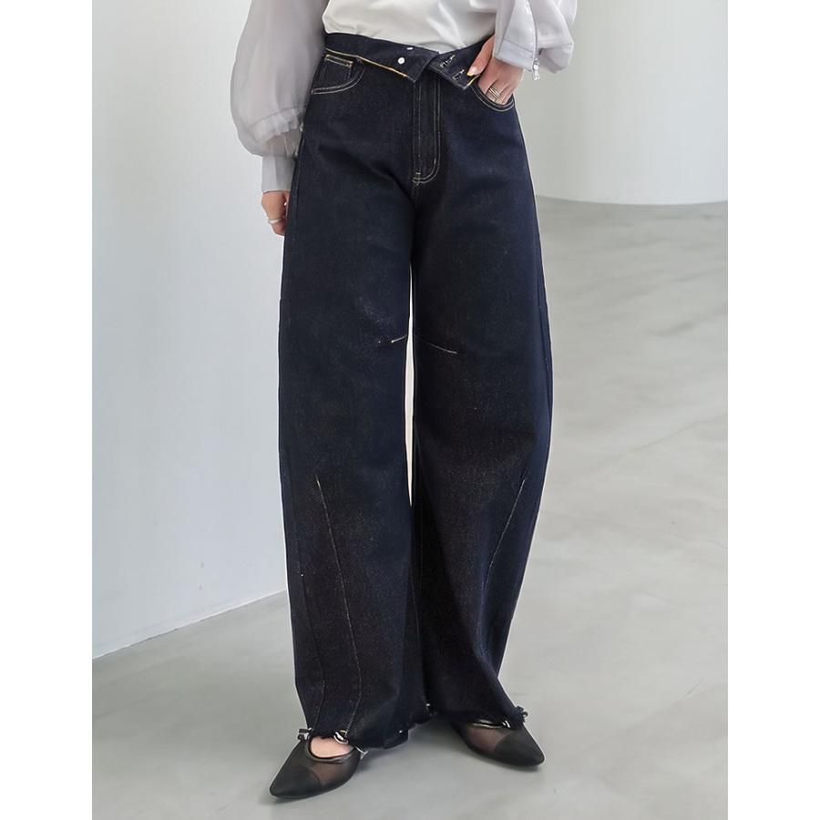 デニム レディース パンツ 低身長 高身長 ウエスト折り返し 綿100％ バレルレッグ カーブパンツ 体型カバー ポケットあり 2026春夏 | Re:EDIT | 03