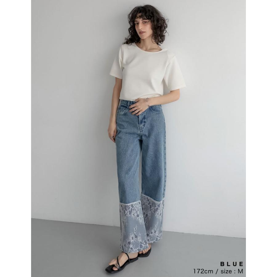 デニム レディース パンツ 低身長 高身長 ストレートデニム 裾レース 脚長 美脚 細見え 綿100% ポケットあり 春夏 | Re:EDIT | 14