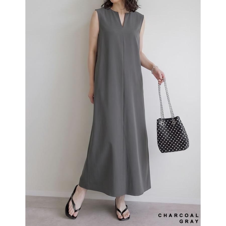 ロングワンピース レディース ワンピース 低身長 高身長 キーネック ノースリーブ シンプル 撥水加工 撥水 晴雨兼用 ポケットあり 春夏 | Re:EDIT | 20