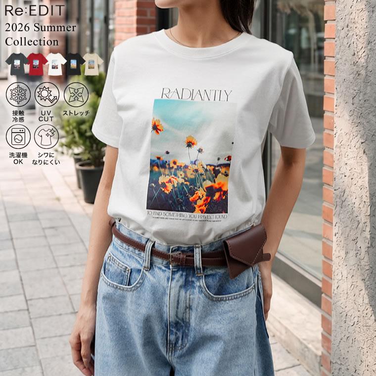 Tシャツ 半袖 カットソー レディース トップス M/L 丸首 綿混 接触冷感 涼感 UVカット 紫外線対策 シワになりにくい プリント 春夏 | Re:EDIT