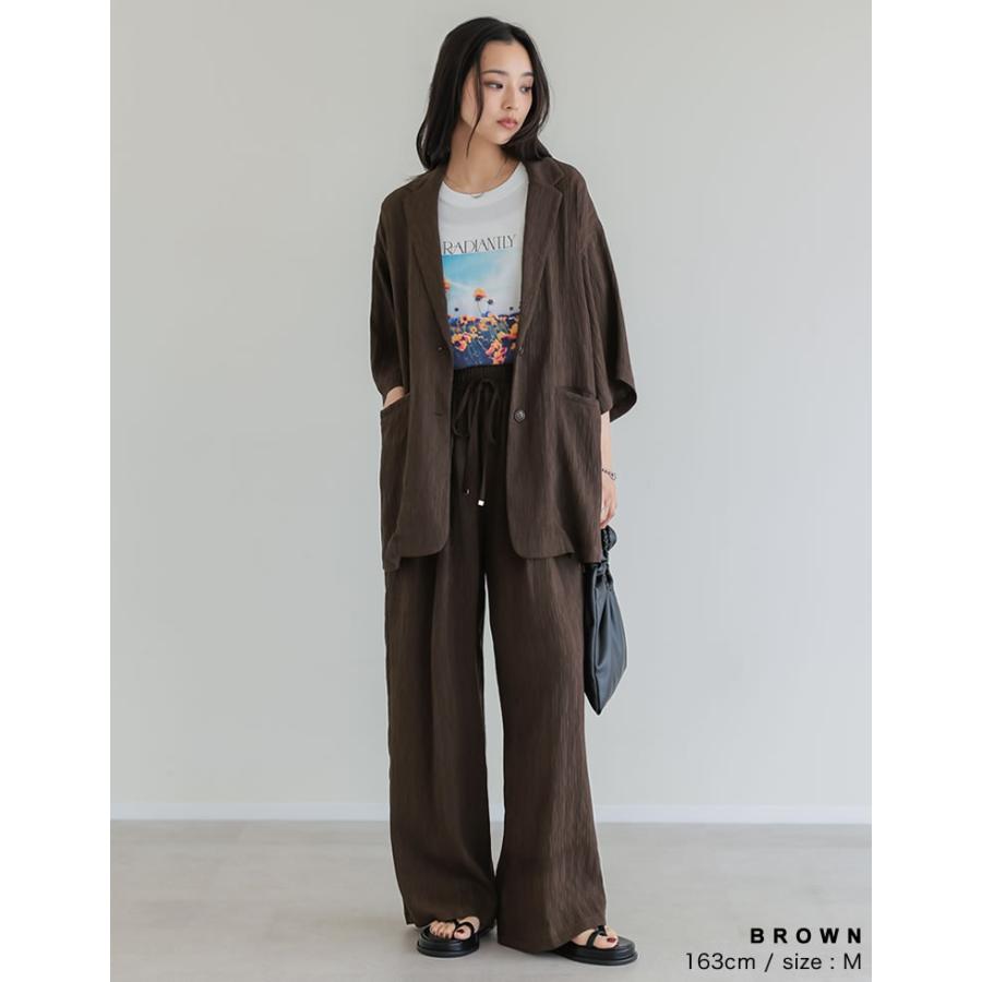ワイドパンツ レディース パンツ 低身長 リラックスパンツ ドロスト 楊柳 ウエストゴム ポケットあり 裏地付き 総ゴム セットアップ対応 春夏 | Re:EDIT | 14