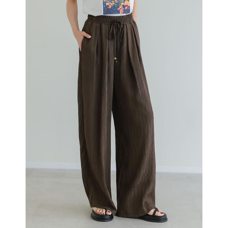 ワイドパンツ レディース パンツ 低身長 リラックスパンツ ドロスト 楊柳 ウエストゴム ポケットあり 裏地付き 総ゴム セットアップ対応 春夏 | Re:EDIT | 05
