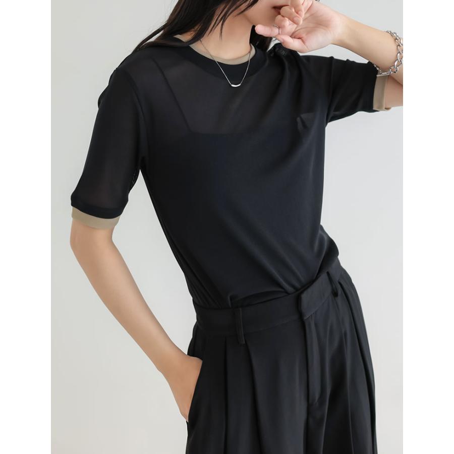 シアートップス シアーTシャツ 半袖 配色 レイヤード風 トップス Tシャツ カットソー パワーメッシュ 重ね着風 春夏[mb] | Re:EDIT | 13