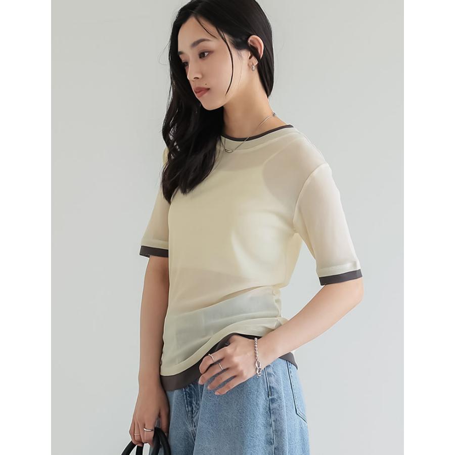 シアートップス シアーTシャツ 半袖 配色 レイヤード風 トップス Tシャツ カットソー パワーメッシュ 重ね着風 春夏[mb] | Re:EDIT | 15