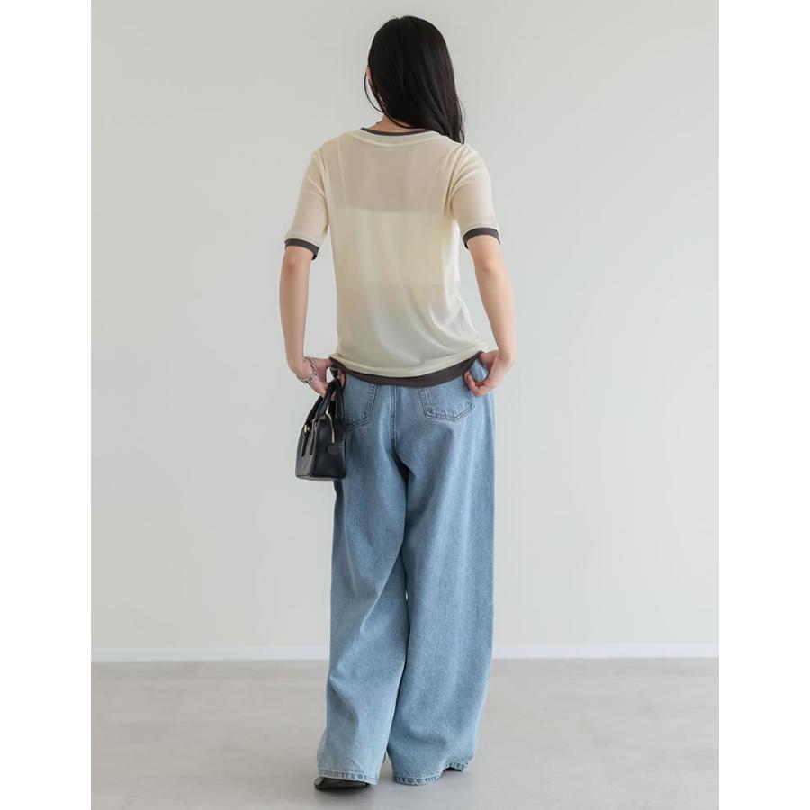 シアートップス シアーTシャツ 半袖 配色 レイヤード風 トップス Tシャツ カットソー パワーメッシュ 重ね着風 春夏[mb] | Re:EDIT | 16