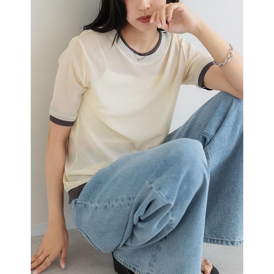 シアートップス シアーTシャツ 半袖 配色 レイヤード風 トップス Tシャツ カットソー パワーメッシュ 重ね着風 春夏[mb] | Re:EDIT | 17