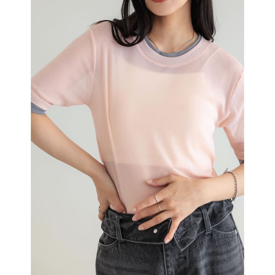 シアートップス シアーTシャツ 半袖 配色 レイヤード風 トップス Tシャツ カットソー パワーメッシュ 重ね着風 春夏[mb] | Re:EDIT | 19