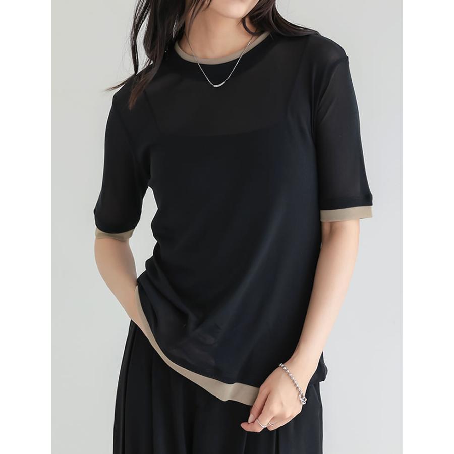 シアートップス シアーTシャツ 半袖 配色 レイヤード風 トップス Tシャツ カットソー パワーメッシュ 重ね着風 春夏[mb] | Re:EDIT | 05