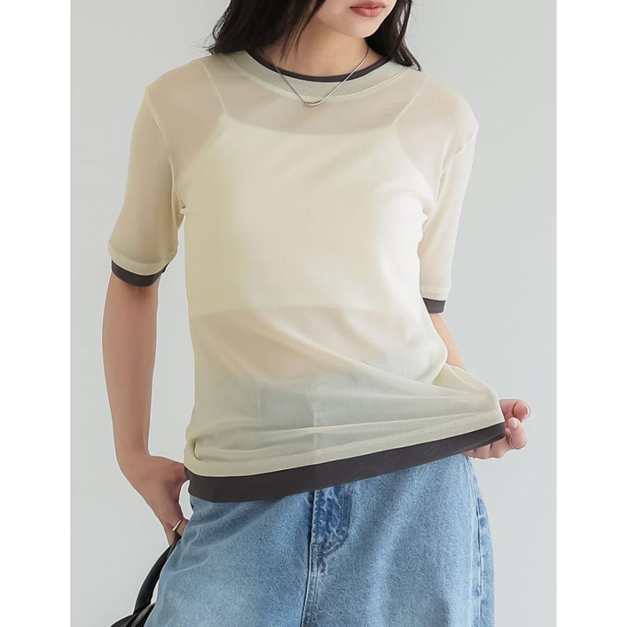 シアートップス シアーTシャツ 半袖 配色 レイヤード風 トップス Tシャツ カットソー パワーメッシュ 重ね着風 春夏[mb] | Re:EDIT | 06