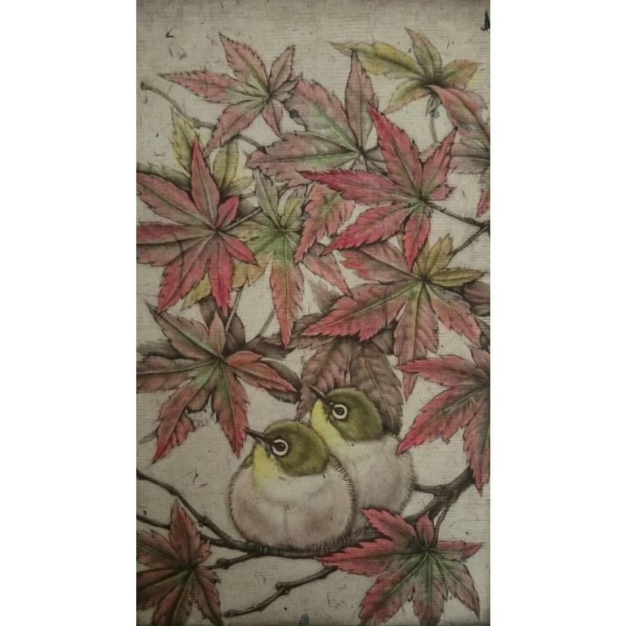 生田宏司　「もみじに目白」　　セピア・手彩色 | 