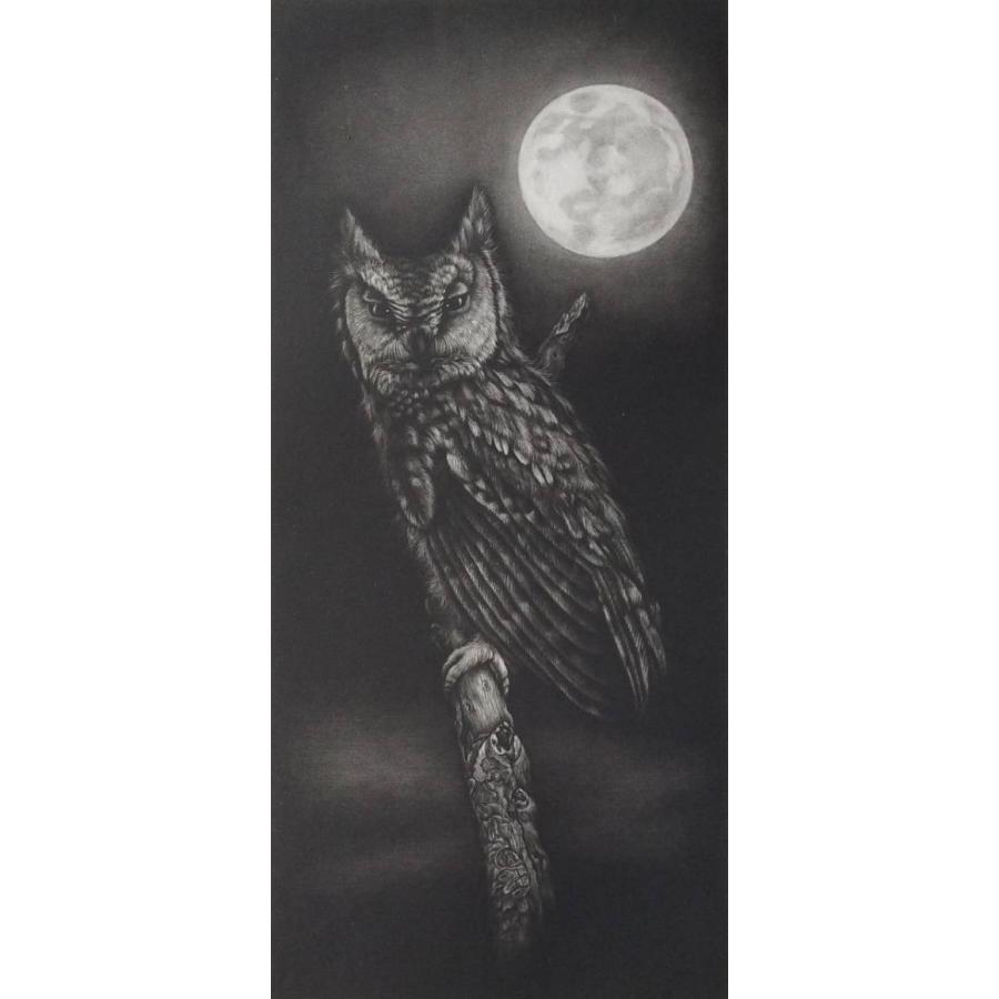 生田宏司　「猫頭猫満月図」　メゾチント　　　　　　　               　ドービニー美術館コレクション作品　　　　　　　　　　　　　365×165mm | 