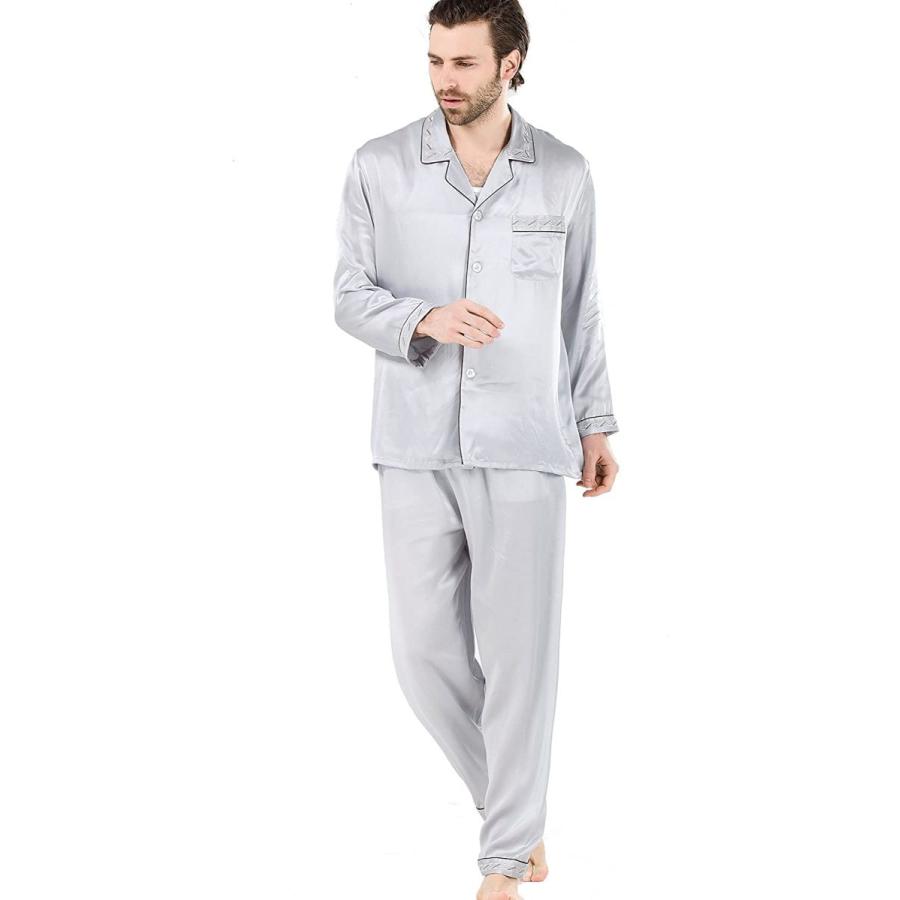 大人の上質 パジャマ メンズ L 刺繍 パイピング シルバー 男性用 シルク１００ ブランド 紳士用 シルク 下着 靴下 部屋着