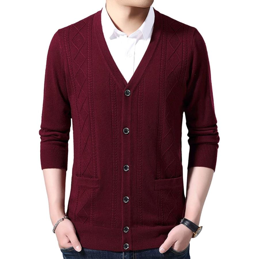 新発売の カーディガン Vネック セーター メンズ ニットカーディガン ケーブル編み ウール ビジネス フォーマル オフィス 紳士 ポケット 秋冬 ワインレッド メンズウエア Smssvg Org