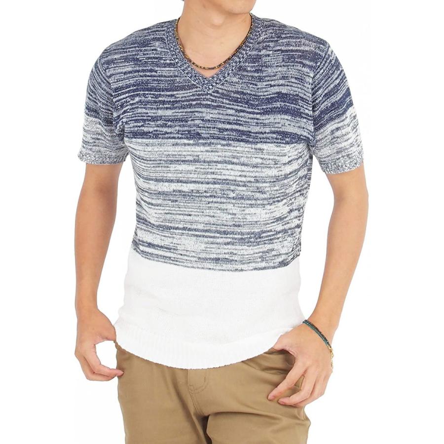 トップイズム Vネック サマーニット メンズ グラデーション ボーダー 麻リネン カットソー 10 ネイビー Lサイズ