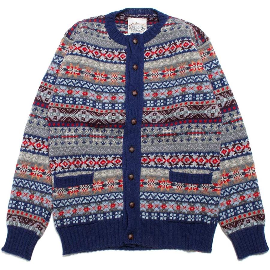 新作グッ ジャミーソンズ Navy 40 スコットランド製 フェアアイル柄 シェットランドウール クルーネックカーディガン メンズウエア
