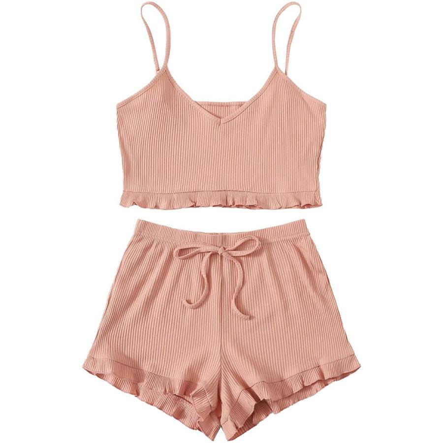 ランキング上位のプレゼント Shein レディース 2ピース ノースリーブ Vネック クロップトップ フリルトリム ショーツ パジャマセット Us サイズ Small カラー 下着 靴下 部屋着 Headshotsbar Com