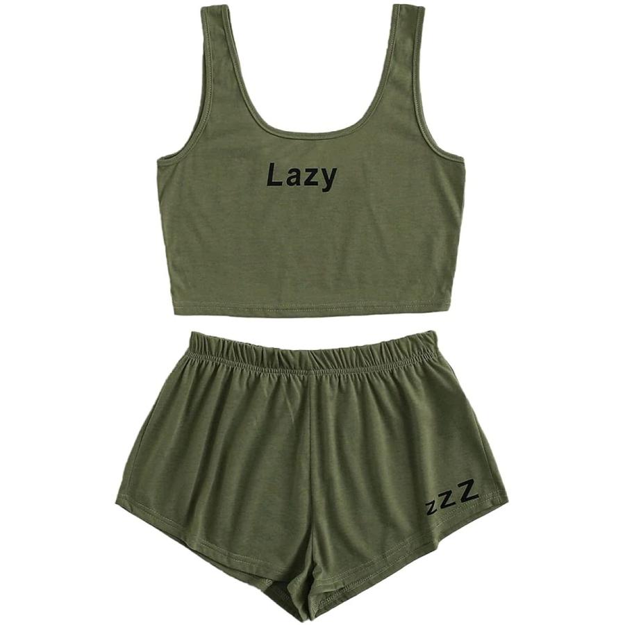 定番 Milumia レディース ショー 寝間着 ノースリーブ スパゲッティストラップ クロップタンクトップ スクープネック レタープリント パジャマセット ブラ ショーツセット