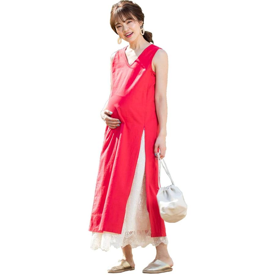 激安な M レッド 裾スリット 洗えるリネン風素材 ワンピース 授乳服 マタニティ Mommy Sweet インナー マタニティ下着