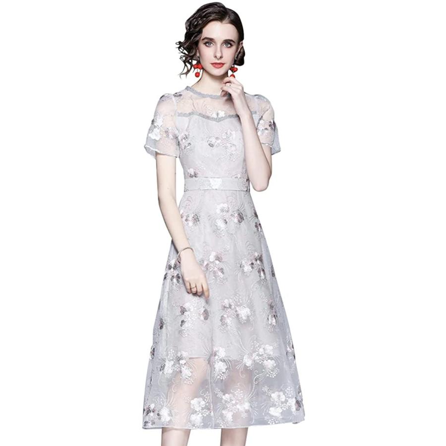 日本正規代理店品 結婚式 ドレス ミモレ丈 Aライン グレー 花柄 刺繍 パーティードレス ワンピース 半袖 シースルー 二次会 大人 上品 ゲスト お呼ばれ 披露宴 特集 Www Superavila Com