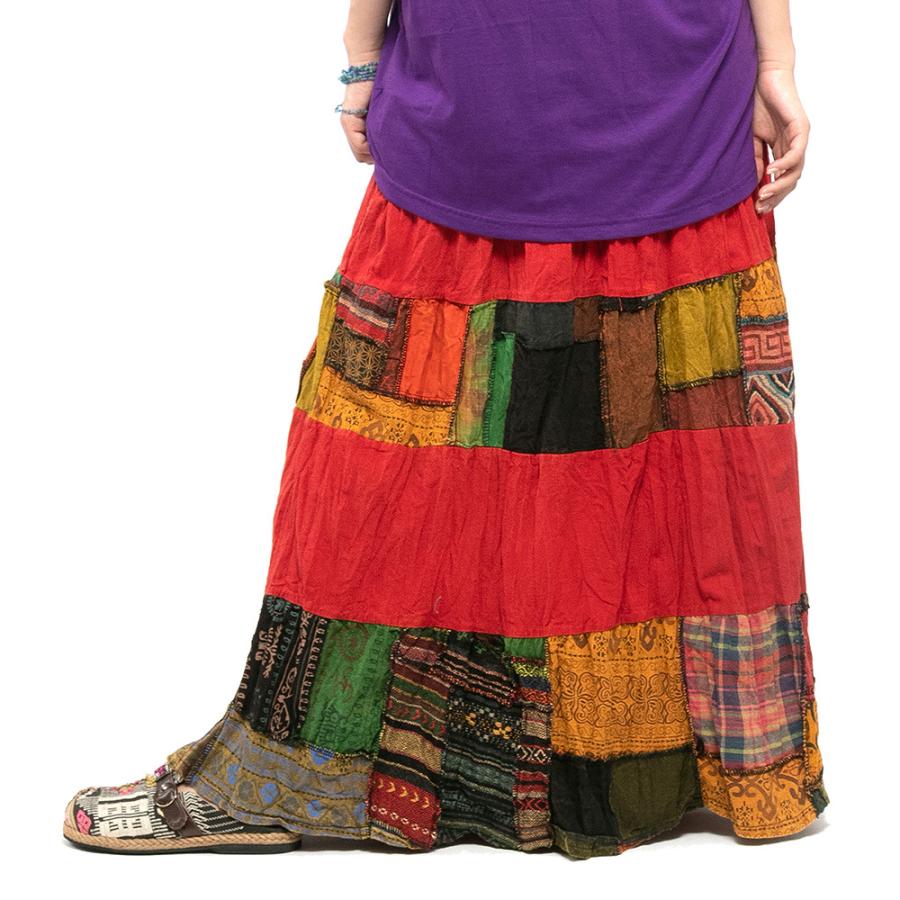 ストーンウォッシュパッチワークスカート レディース ロング マキシ 夏 エスニックファッション ボヘミアン ヒッピー 派手 個性的 アジアンファッション 保障
