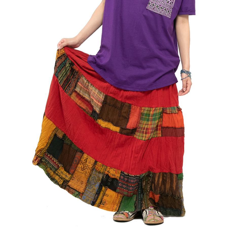 ストーンウォッシュパッチワークスカート レディース ロング マキシ 夏 エスニックファッション ボヘミアン ヒッピー 派手 個性的 アジアンファッション 保障
