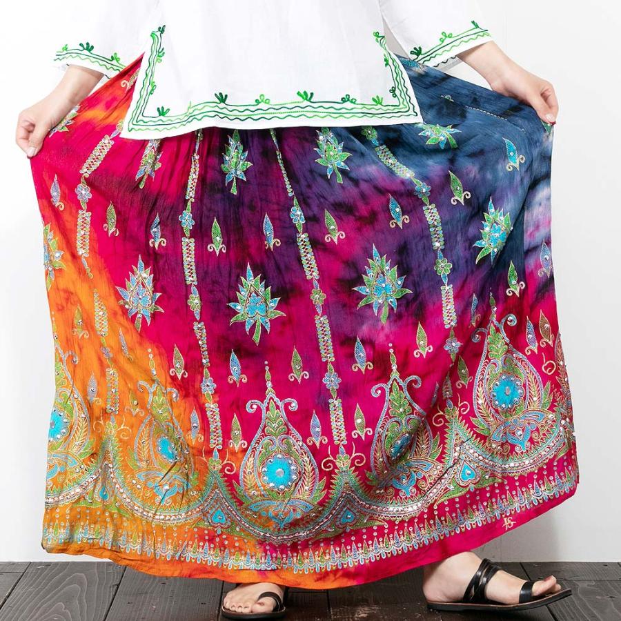 タイダイ スパンコール刺繍 ロングスカート レーヨン 楊柳