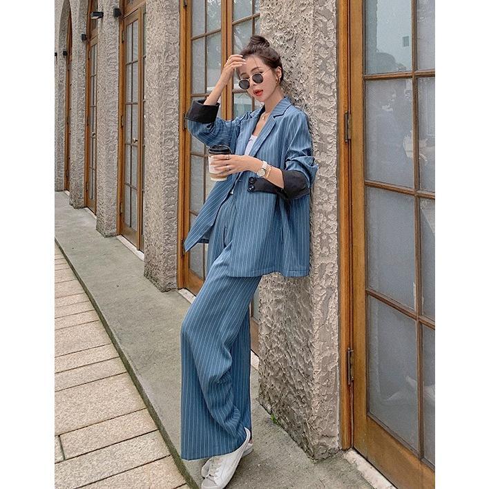 パンツスーツ セットアップ レディース おしゃれ カジュアルスーツ ストライプ スーツ ワイドパンツ オフィス 通勤服 大きいサイズ ゆったり 個性的_10