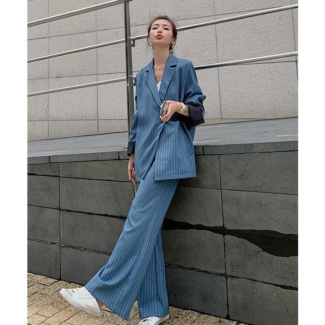 パンツスーツ セットアップ レディース おしゃれ カジュアルスーツ ストライプ スーツ ワイドパンツ オフィス 通勤服 大きいサイズ ゆったり 個性的_2