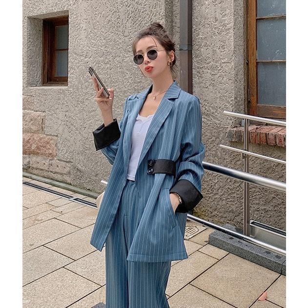 パンツスーツ セットアップ レディース おしゃれ カジュアルスーツ ストライプ スーツ ワイドパンツ オフィス 通勤服 大きいサイズ ゆったり 個性的_5