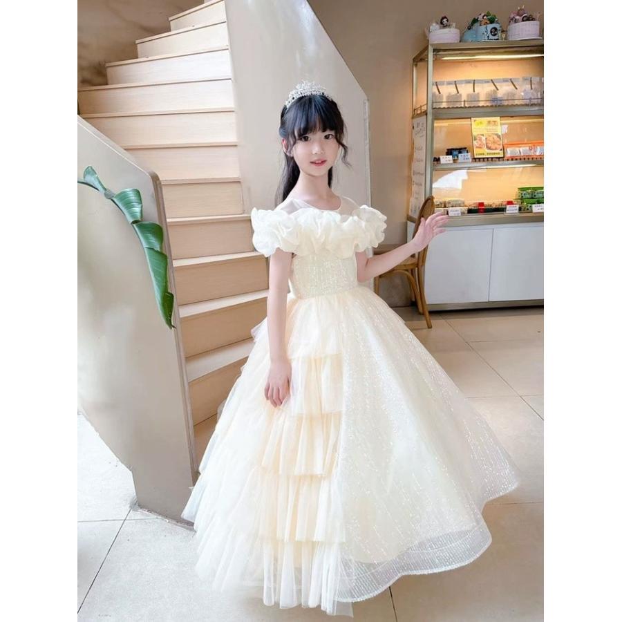 お姫様ドレス 女の子用 ロングドレス ピアノ発表会 演奏会 結婚式 フォーマル かわいい プリンセスドレス フラワーガール スパンコール付き 110 -160cm 撮影の画像